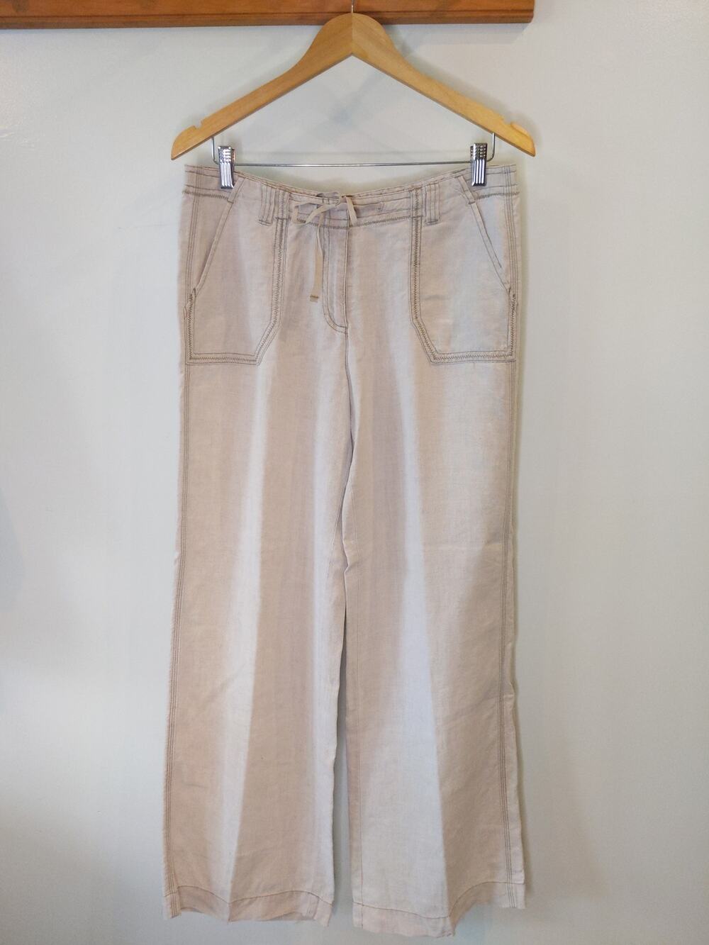 J.Jill 100% Linen Wide Leg Drawstring Pants Neutral Beige Patch Pockets 8